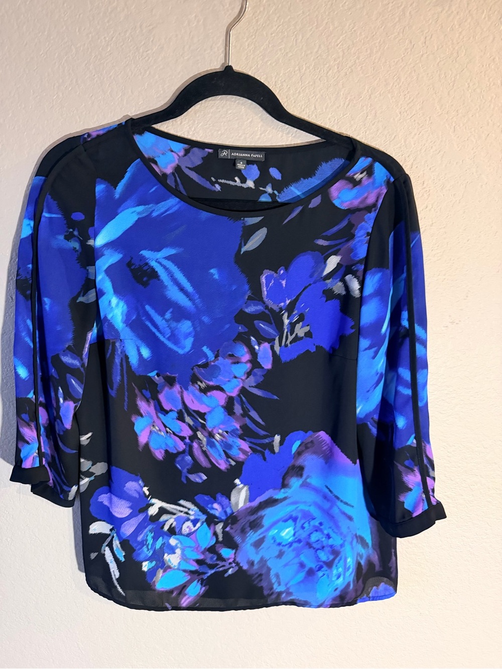 Adrianna Papell Black Floral Blouse with Blue and Purple Accents